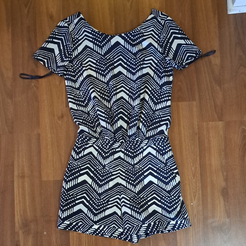 J. Crew Navy and White Patterned Short Sleeve Romper